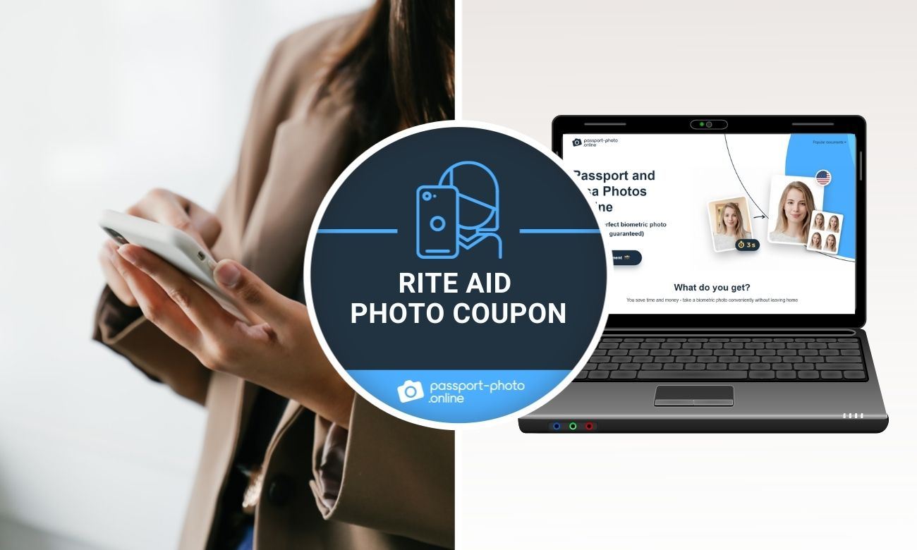 girl with phone in hands and computer screen with site Passport Photo Online and inscription "Rite Aid photo coupon"