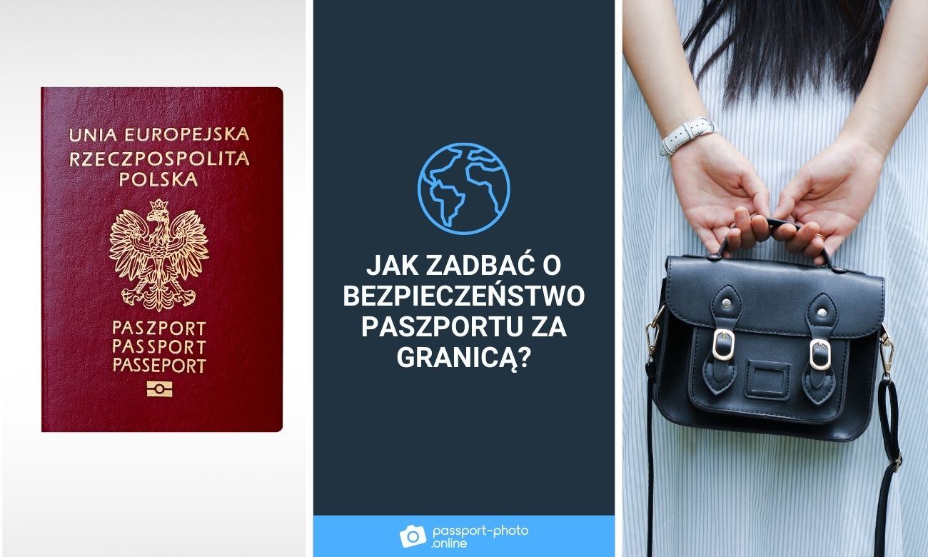 polski paszport oraz kobieta z długimi czarnymi włosami odwrócona tyłem trzymająca torebkę z długim paskiem