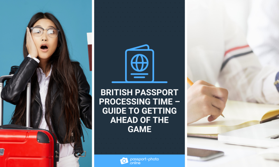 A woman holding a passport with a shocked expression while someone writes in a notebook.