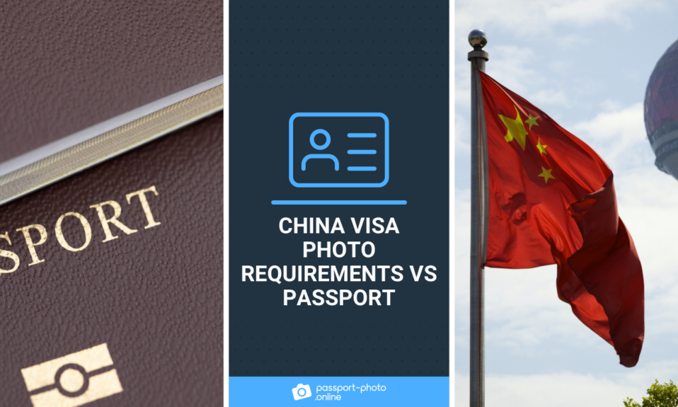 Two stacked passports and a Chinese flag. In the center, the post title “China Visa Photo Requirements VS Passport”.