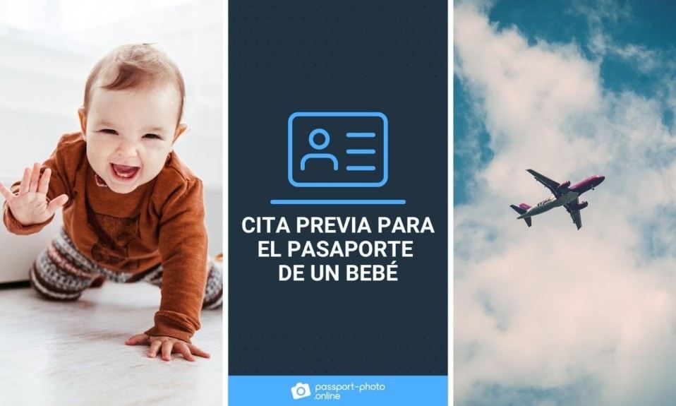Un bebé gateando, vestido de color marrón, y un avión volando. En el centro, el título: “cita previa para el pasaporte de un bebé”.