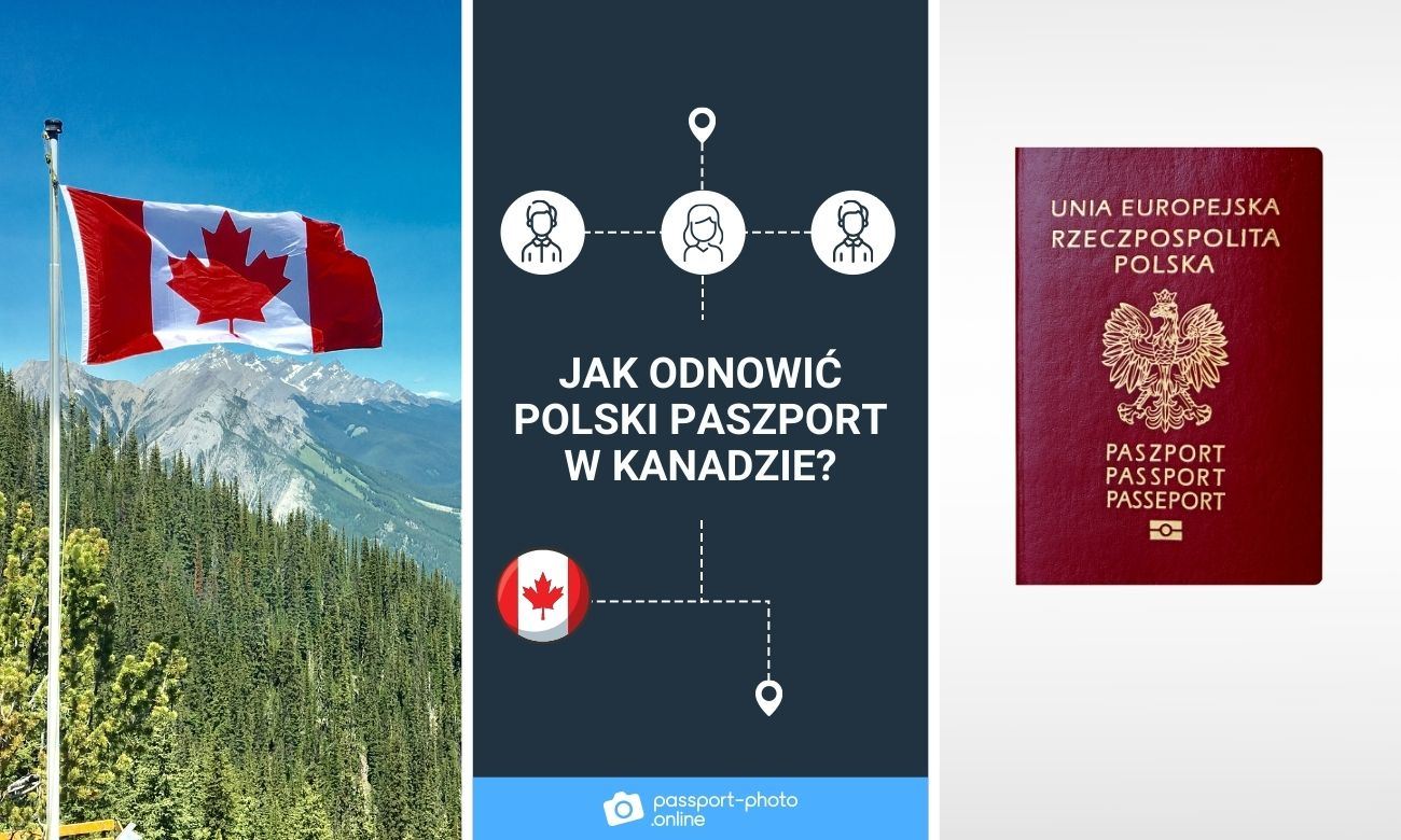 flaga Kanady oraz widok na lasy oraz błękitne niebo oraz polski paszport