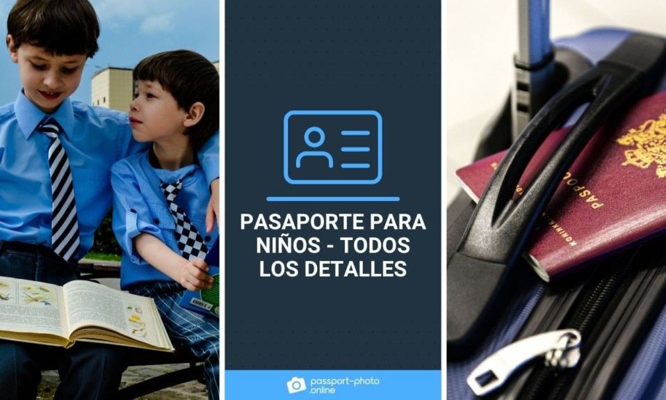 Dos niños con camisa azul leen un libro. A la derecha, un pasaporte y una maleta, junto al título del post “Pasaporte para niños”.