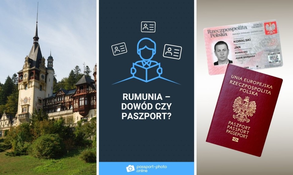 widok na zabytkowy budynek w Rumunii oraz polski paszport i dowód osobisty