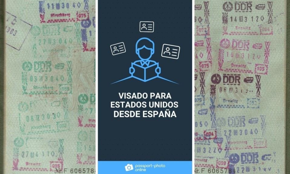 El texto “visado para Estados Unidos desde España” aparece escrito sobre un fondo lleno de sellos con visados.
