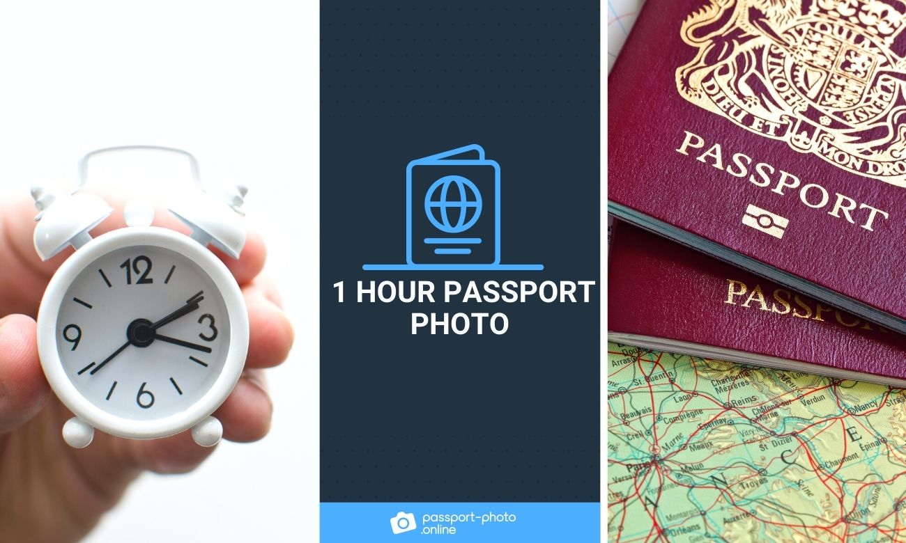 Little alarm clock held in a hand, passport books laying on a map, text in the middle: 1 hour passport photo.