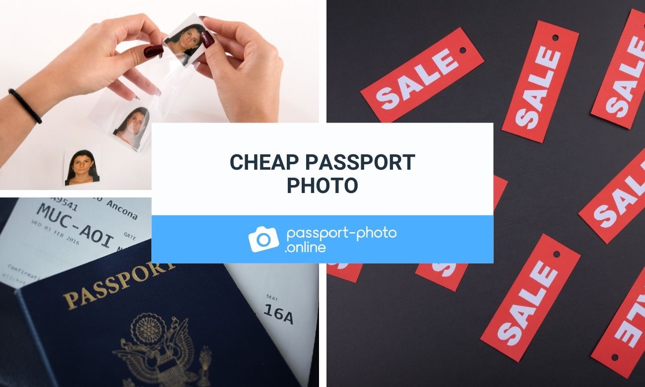 Set of passport photos, passport book, multiple sale signs, text in the middle: cheap passport photo