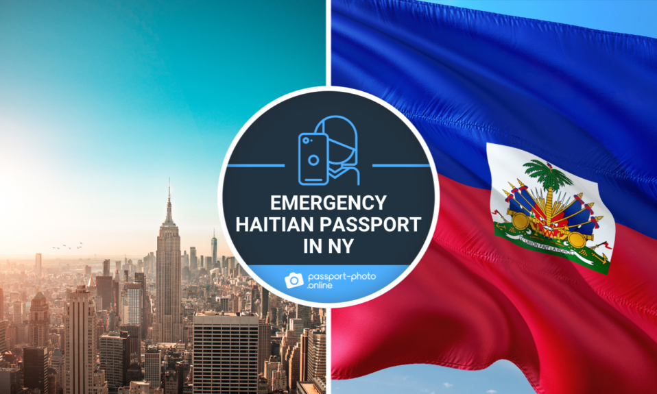 A panorama of New York City, a Haitian flag and the title “Emergency Haitian passport in NY”.