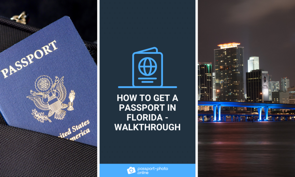 A U.S. passport, the skyline of Miami, and a text saying: “ How to get a passport in Florida - Walkthrough”.
