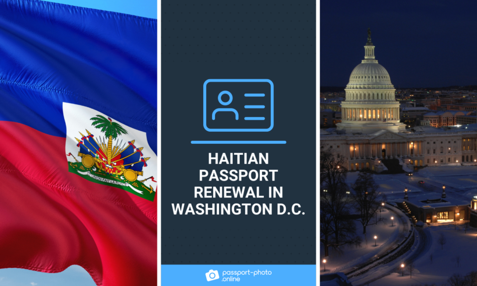 Haitian flag, the U.S. Capitol in Washington D.C. and the title “Haitian Passport Renewal in Washington DC”.