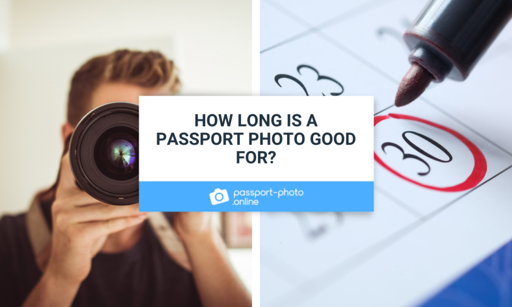 A man holding a digital camera, a calendar with a marked date and a title “How long is a passport photo good for?”