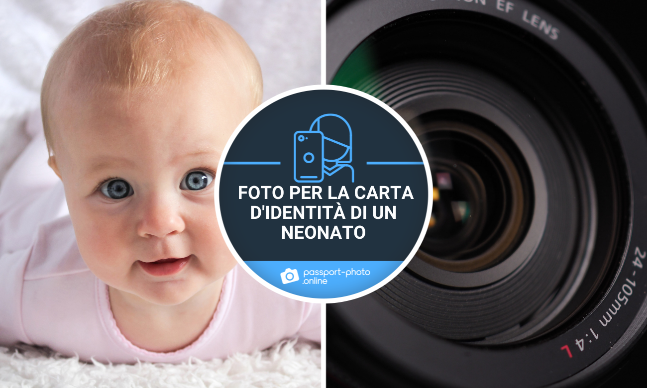 primo piano del viso di un neonato e l’obiettivo di una fotocamera.