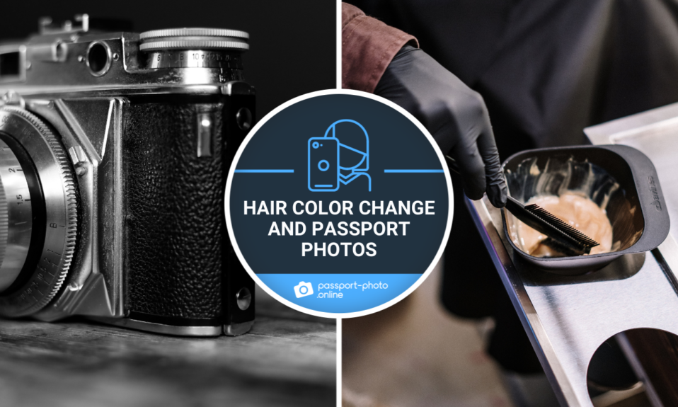 a black and white photo of an analog camera on the left; hand of a hairdresser mixing hair dye in a bowl.