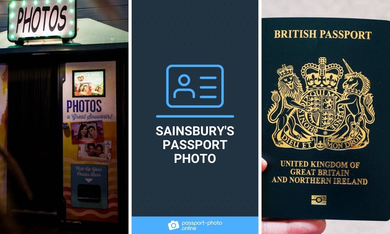 a passport photo booth and a man holding a UK passport