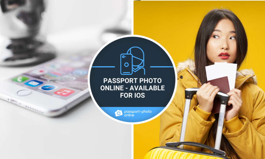 iPhone and woman with passport and suitcase dressed in yellow jacket