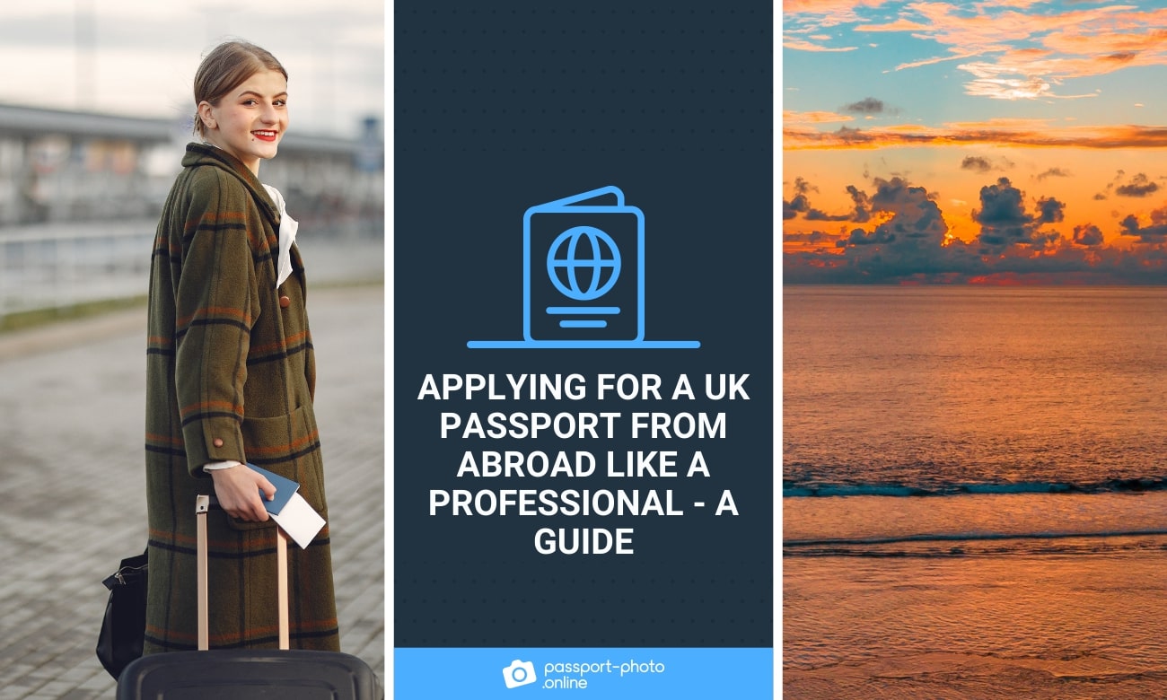 A woman stands with a passport and suitcase with a beach at sunset.