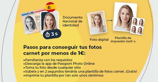Pasos para conseguir tus fotos carnet por menos de 1€. Arriba, la foto de una chica se transforma en una plantilla de impresión.