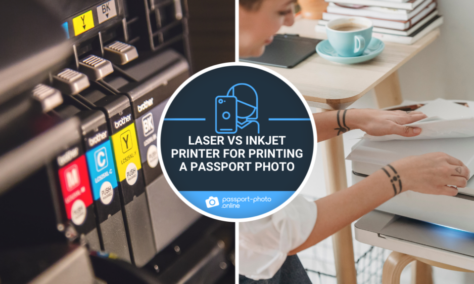 Four inkjet cartridges installed in a printer, a woman using a laser printer and a title “Laser vs Inkjet printer for printing a passport photo”.