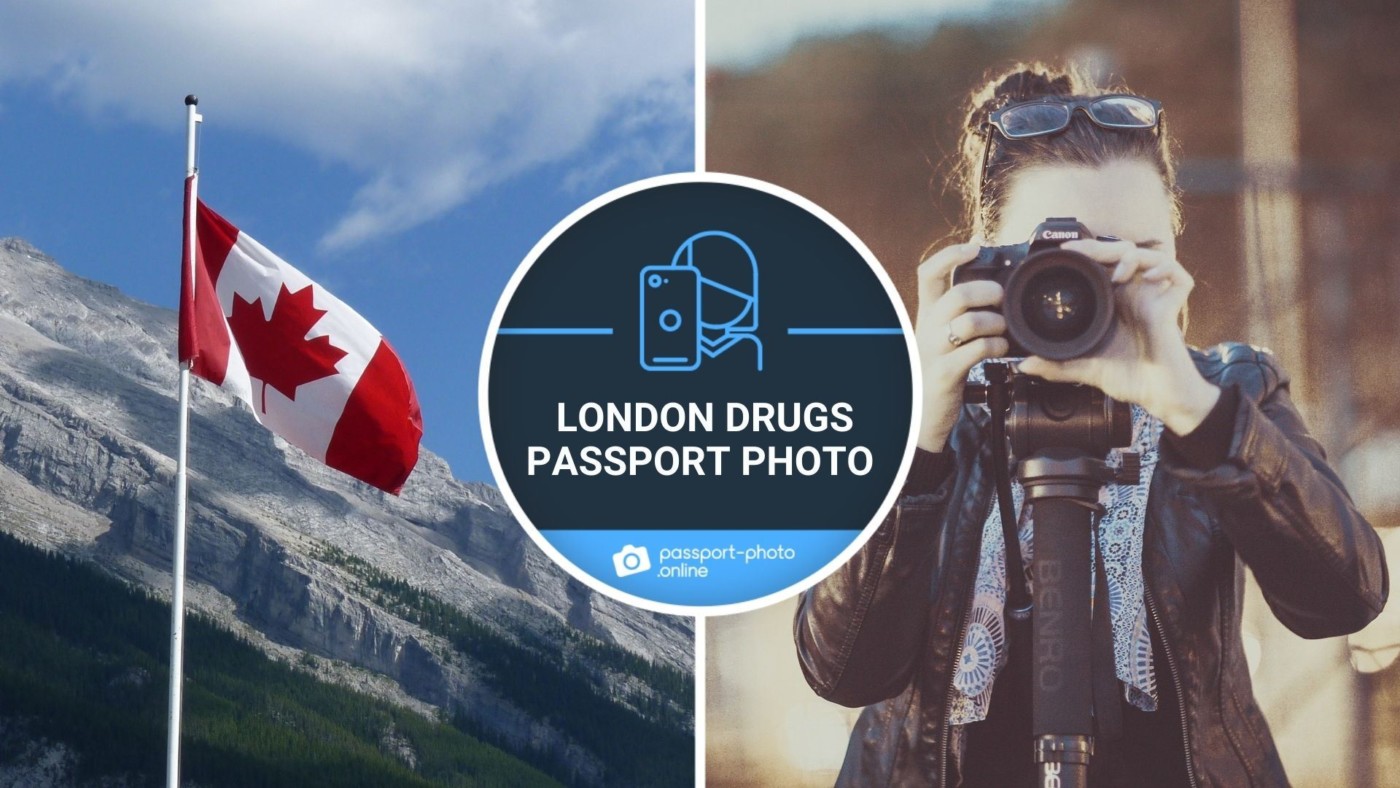 A Canadian flag and mountains on the left and blue sky and girl with camera on the right.