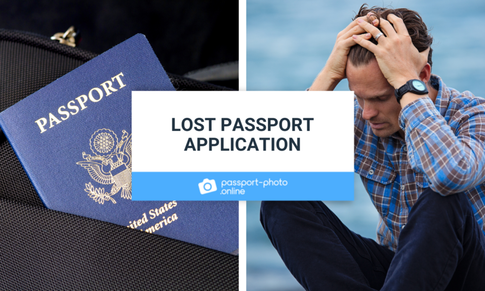 A blue passport and a young man in a blue shirt who is worrying about his lost passport and a title “Lost passport application”