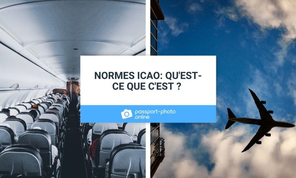 Une photo de sièges à l'intérieur d'un avion. À droite, une photo d'un avion volant dans le ciel.