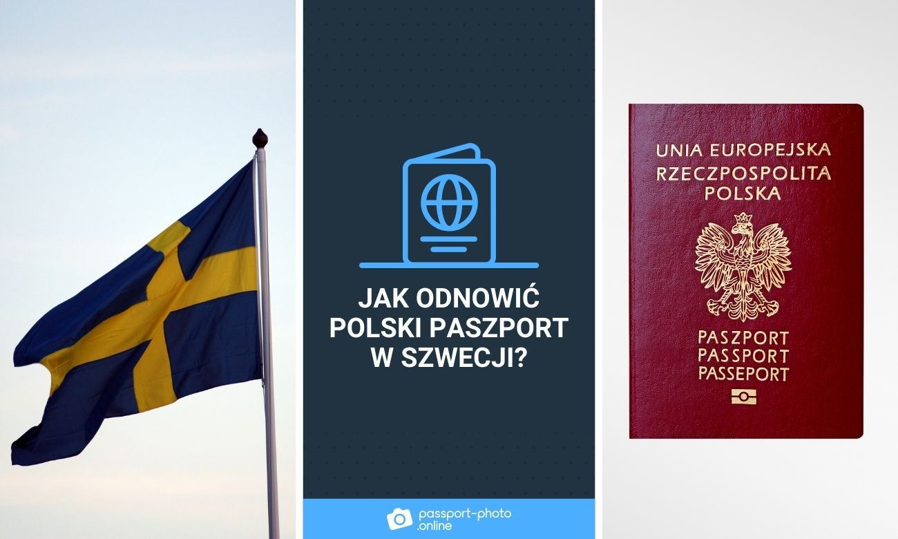 flaga Szwecji na tle bladego nieba oraz polski paszport na biało-szarym tle