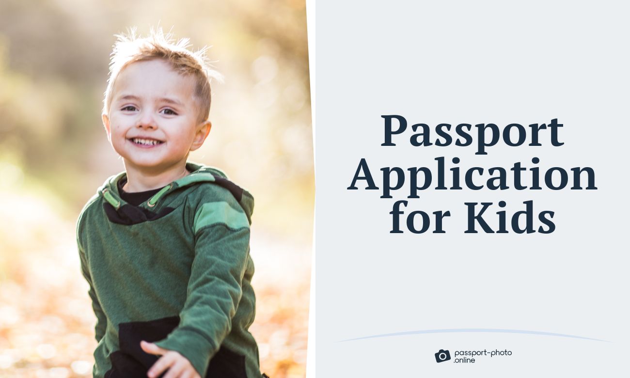 A child, a passport on a map of the world, and a text saying : “Passport application for kids”.