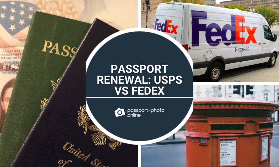 Two U.S. passports, A FedEx delivery car, a postbox and the title “Passport renewal: USPS vs. FedEx”