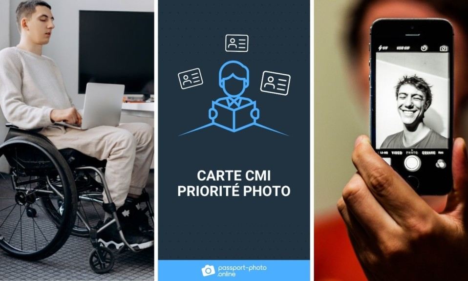 Un homme en fauteuil et une personne prenant une photo. Il est ecrit "Carte CMI priorite photo"