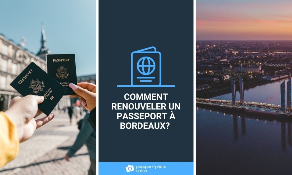 La ville de Bordeaux et une photo de deux personnes tenant leur passeport.