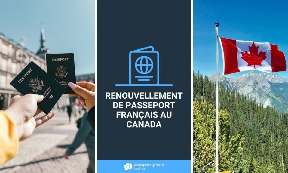 Deux personnes détenant des passeports et une photo du drapeau canadien.