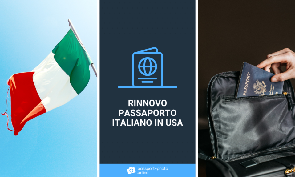 Una bandiera italiana e una persona che mette un passaporto in una borsa.