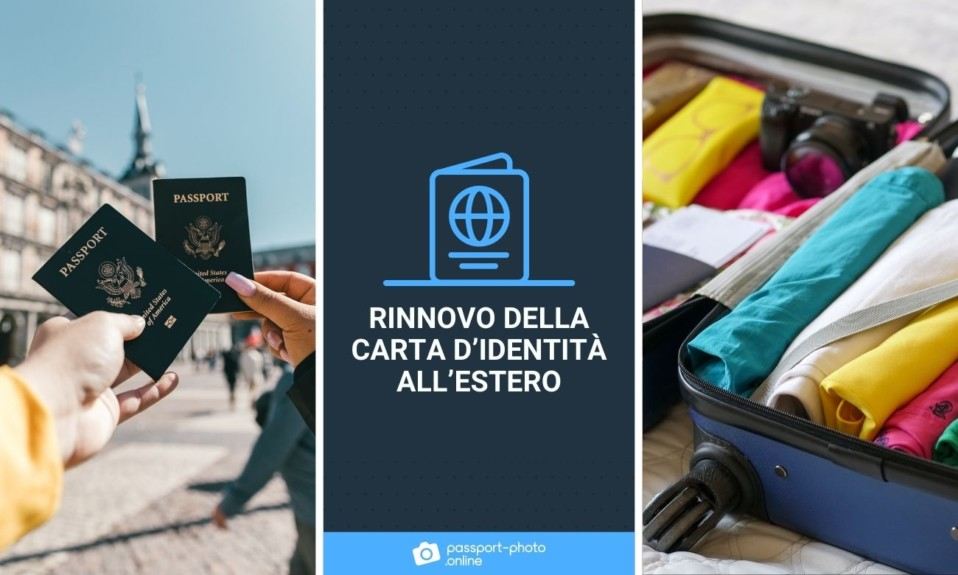 Persone con i loro passaporti in mano. A destra, una foto di un bagaglio con vestiti.