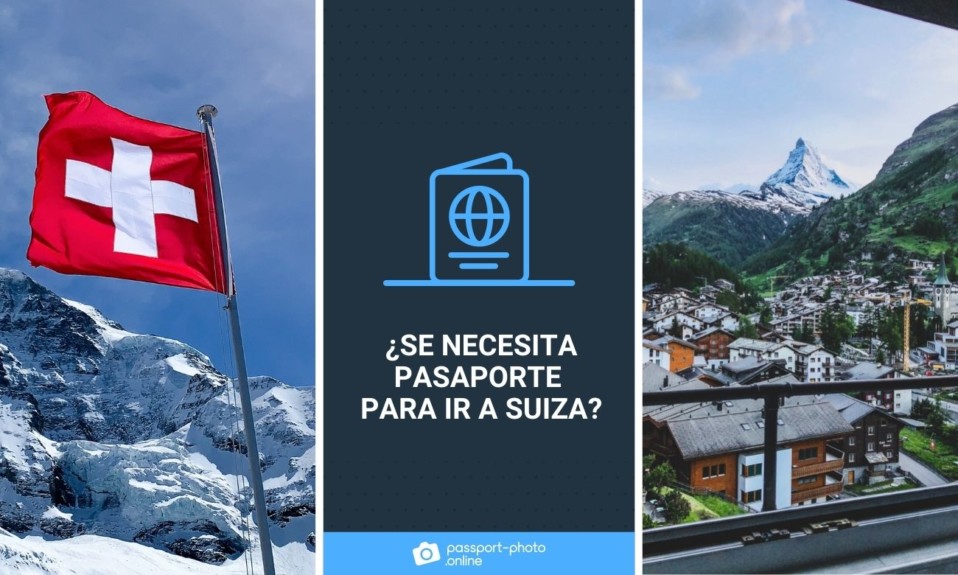 Una bandera suiza y una foto de una ciudad de Suiza.