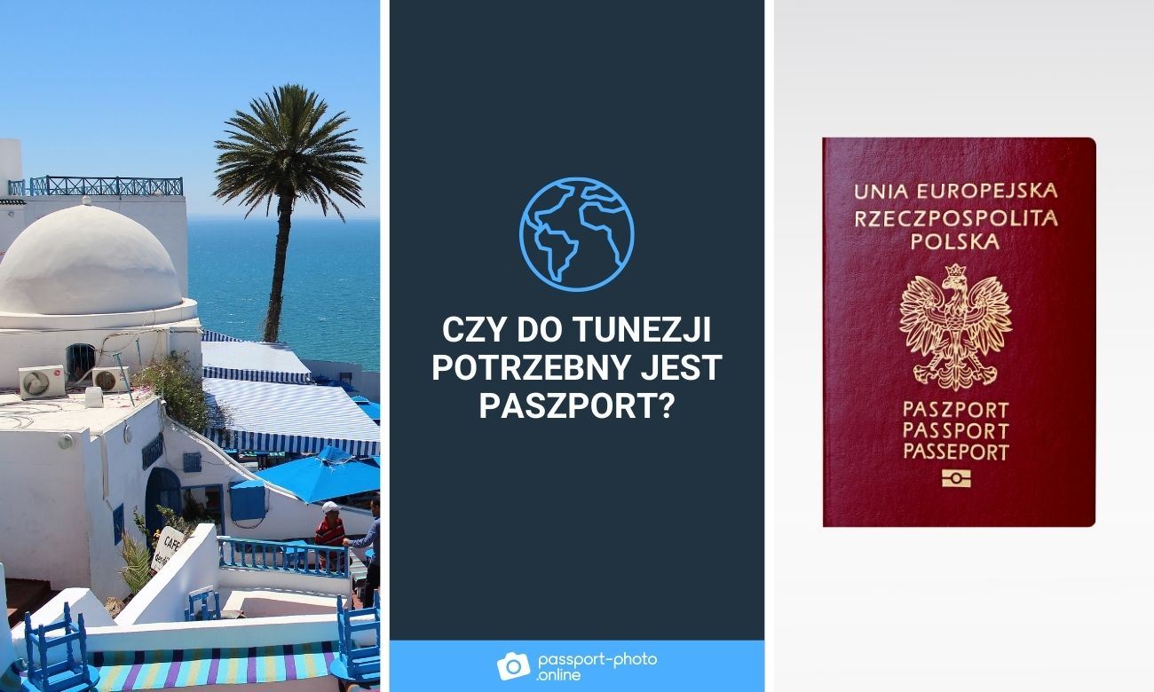 widok na biały budynek w Tunezji, Morze Śródziemne oraz palmę. Po prawej stronie obrazka znajduje się polski paszport, a na środku widnieje napis “Czy do Tunezji potrzebny jest paszport?”