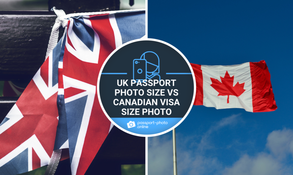 A UK flag, a Canadian flag, and a text saying: “ UK passport photo size vs Canadian visa size”.