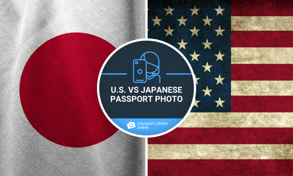 The flags of Japan and the United States of America and the title: U.S. vs Japanese passport photo.