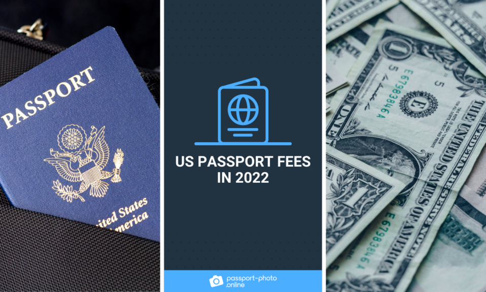 A U.S. passport, a stack of dollar bills, and a text saying: “U.S. passport fees in 2022”.