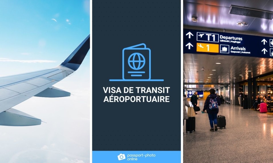 Photos d'un avion et d'un aéroport. Ça dit "Visa de transit aéroportuaire"