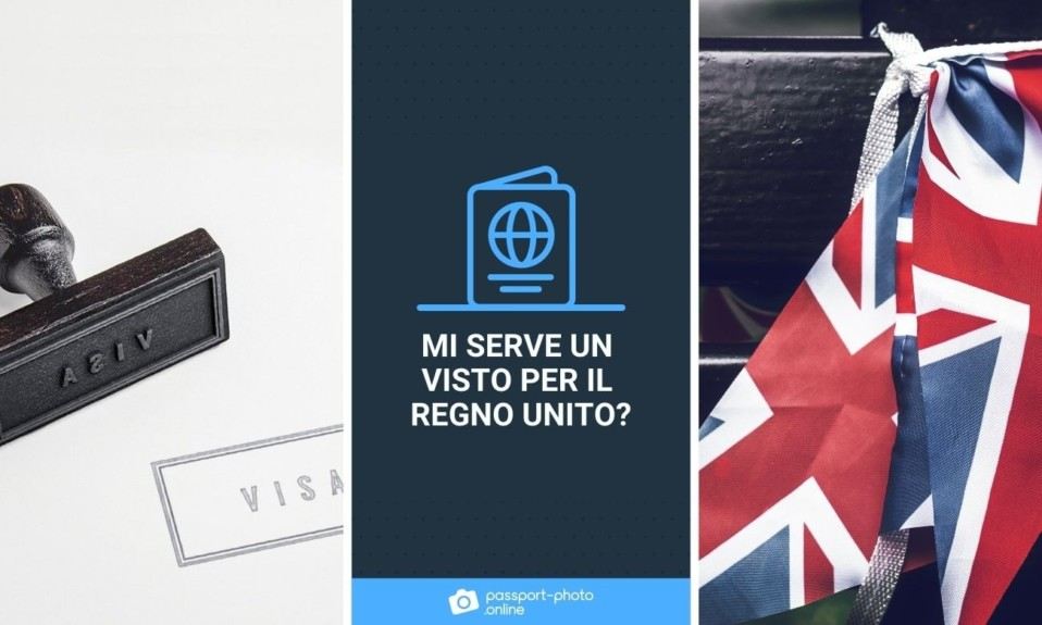 Un timbro di visto accettato e alcune bandiere del Regno Unito. Al centro, il titolo del post: 'Mi serve un visto per il Regno Unito?
