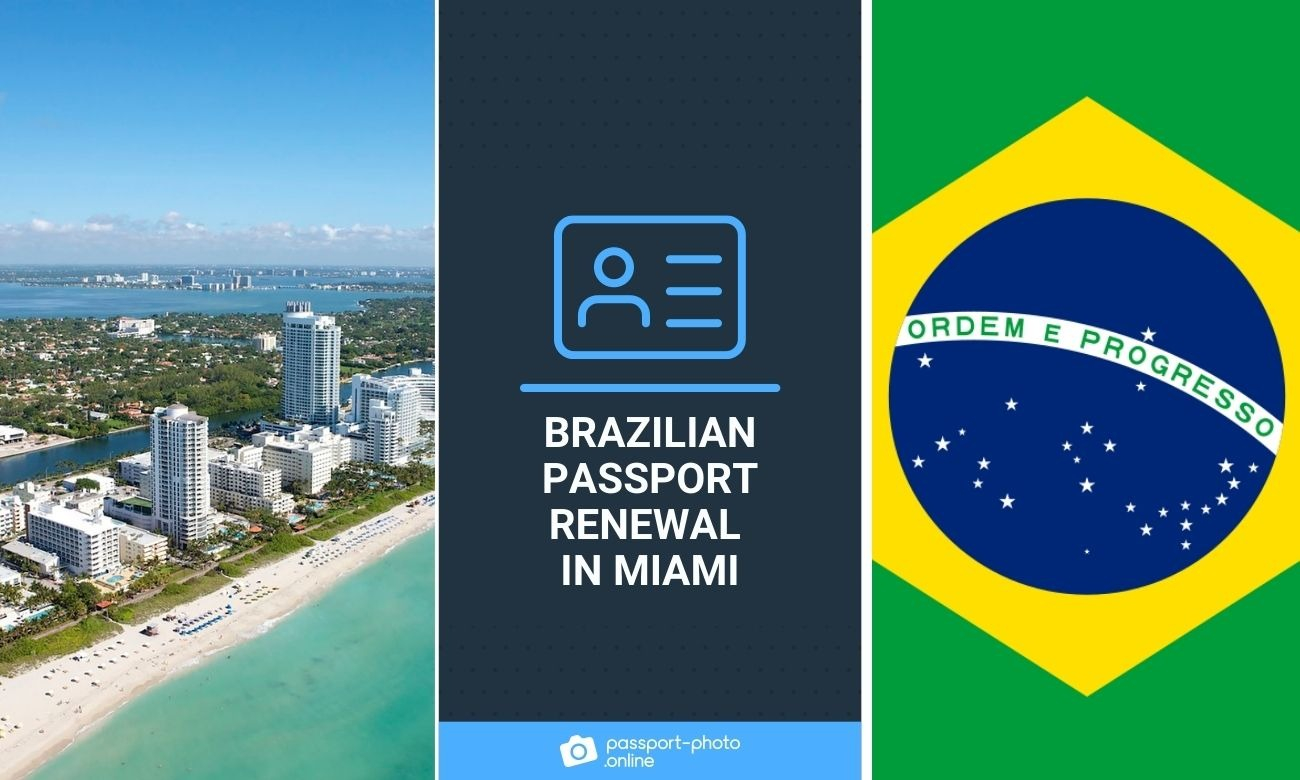Views of a beach in Miami on a clear day. On the right, the flag of Brazil with blue, yellow, and green colors.