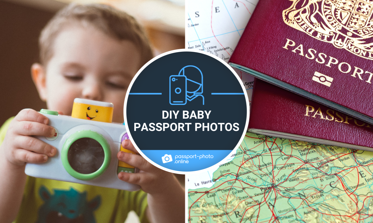 A 3 year old boy holding a toy camera, two passport books stacked on a map, text: DIY baby passport photos.