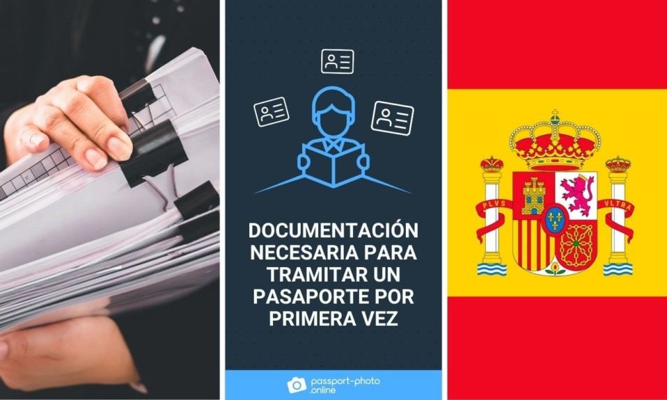 Una persona sostiene un montón de documentos debidamente clasificados. A la derecha, la bandera española, con franjas de color rojo y amarillo