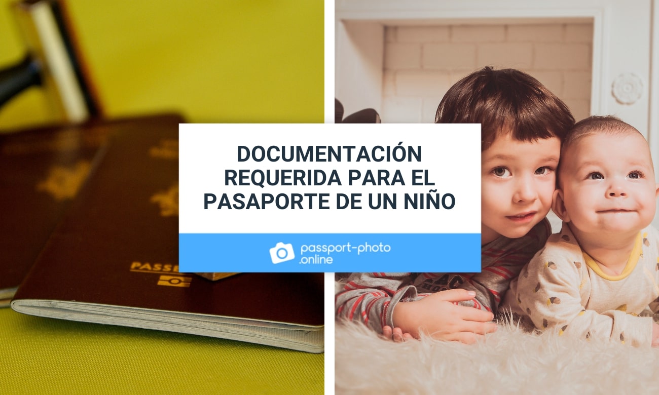 Dos pasaportes sobre un fondo amarillo. A la derecha, un niño con pijama de rallas posa para la foto junto a un bebé.