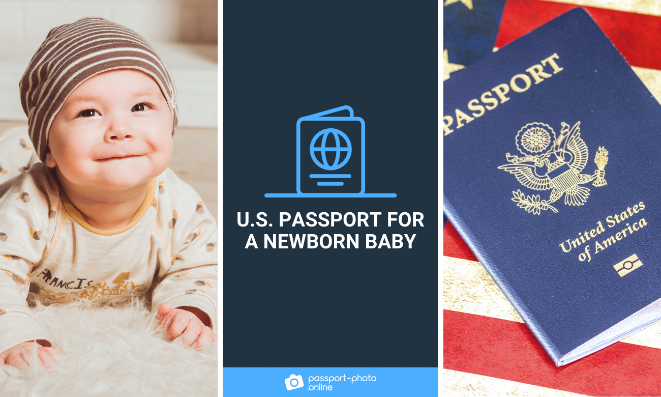 A smiling newborn baby and a blue passport on a U.S. flag.