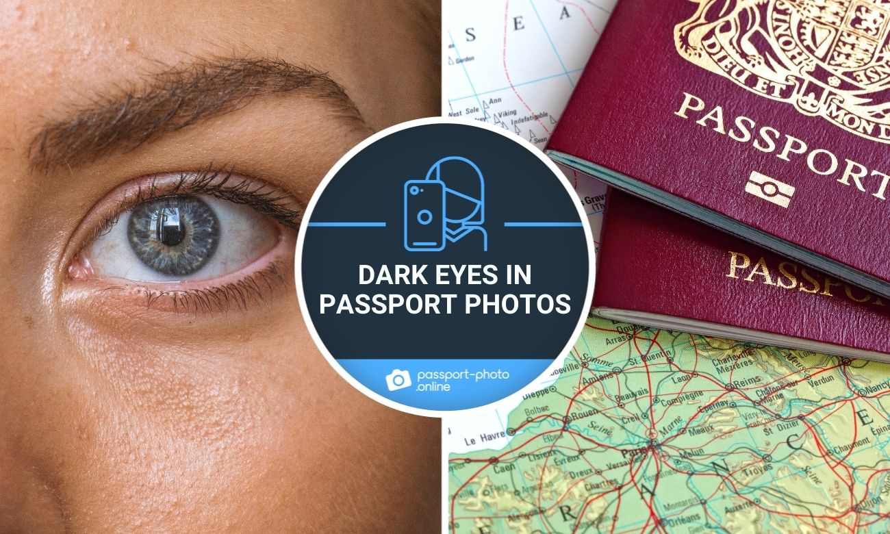 a close-up of a woman’s eye on the left and a passport on top of a world map on the right.