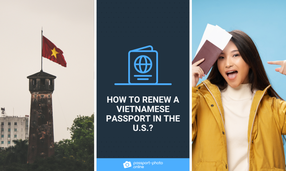 A flag of the Republic of Vietnam atop a tower, an Asian woman wearing a yellow coat, holding a passport and other travel documents.