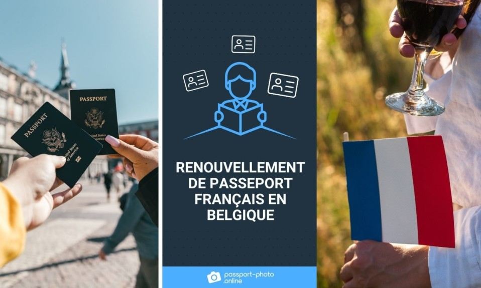 Des personnes tenant des passeports. A droite, une photo d'une personne tenant du vin et le drapeau francais.
