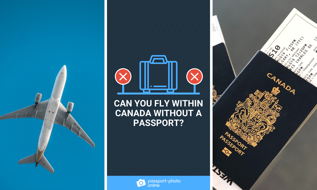 Aeroplane in the sky, Canadian passport with an airline ticket inside, text: can you fly within Canada without a passport?