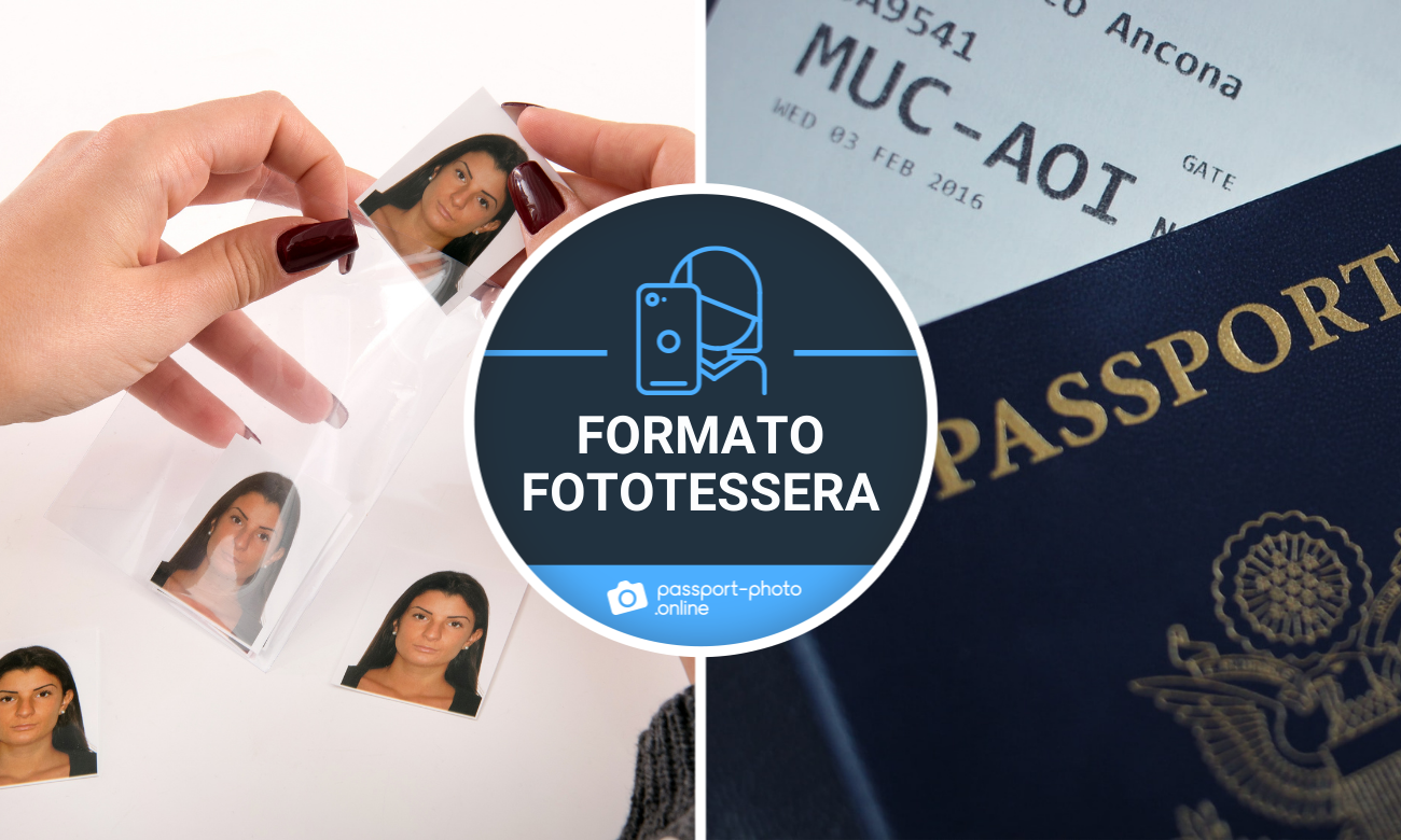 una donna che sistema delle foto formato fototessera in una custodia e un passaporto blu appoggiato su un biglietto aereo